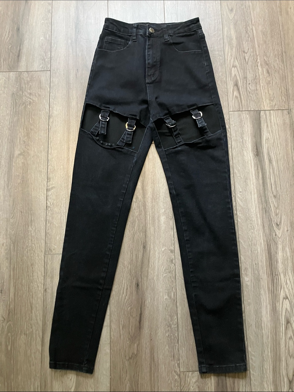 SHEIN Black High Waist Cut Out Thigh Buckle Skinny Jeans Women’s XS Grunge